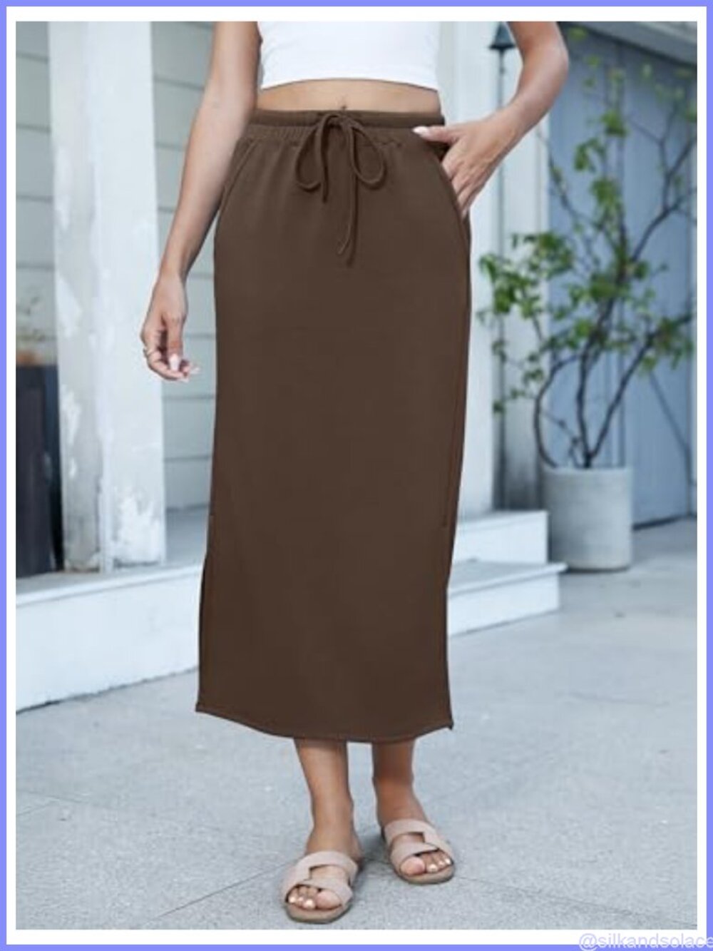Women's High Waist Maxi Skirt with Pockets Drawstring Side Slit - Picture 4 of 6